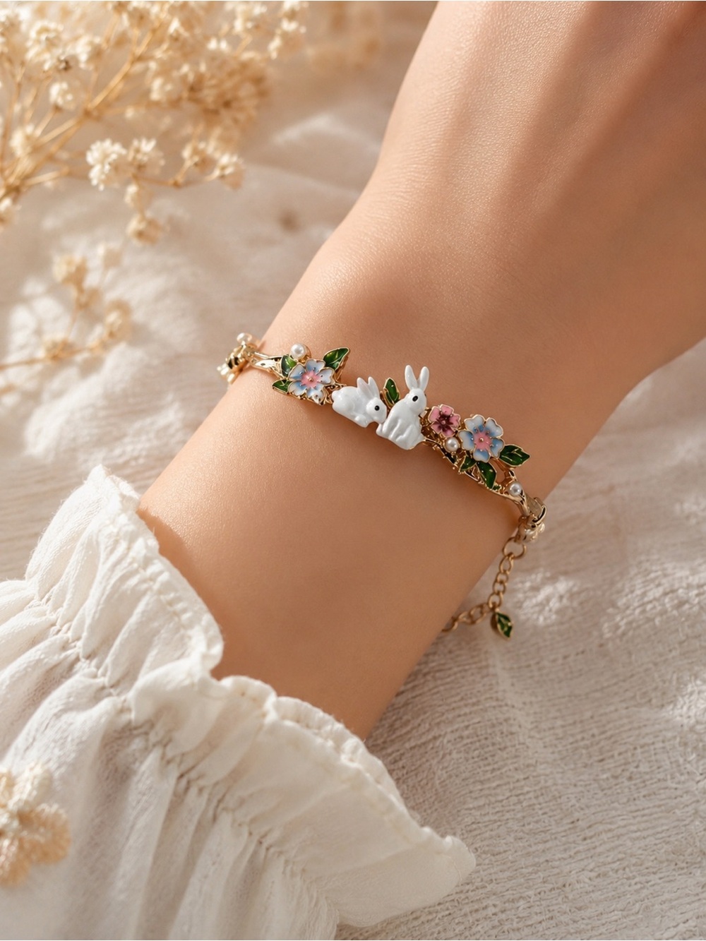 Kawaii Bunny & Floral Gold-Tone Bracelet Pearl Accent Adjustable